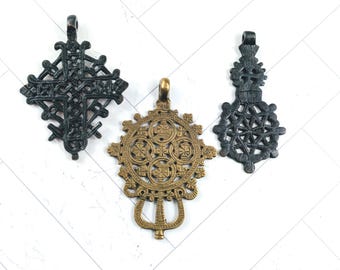 3pcs. Black and Brass Plated Large Ornate Brass Ethnic Cross Pendants, Spiritual, Textured, Religious, Cutout Design, 82mm and 83mm and 90mm