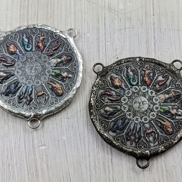 Hand Soldered Zodiac 12 Constellations Replica Coin Pendant, Connector, Double Bail, Colorful, Symbols, 1pcs. 41mm, Patina, Sun Moon