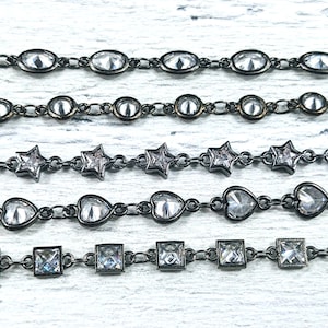 Gunmetal and Cz Crystal Rhinestone Link Chain, Oval, Round, Star, Heart or Square, Connector, Sold By The Foot,  1ft. 6-8mm