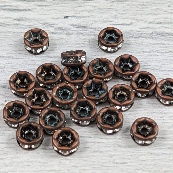 Antique Copper and Clear Crystal Rhinestone Rondelle Spacer Beads, 5mm, 20pcs.