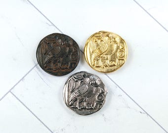 Satin Matte Gold, Rustic Brown or Antique Silver Ox Greek Owl Athena Replica Charm, 1pc. Ethnic, Ancient Greek Style, 20mm