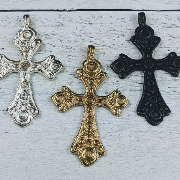 Large Ornate Cross Pendant, Gold, Silver or Black or Patina, Spiritual, Religious, 75x46mm, 1pc.