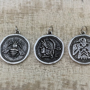 Antique Silver Replica Coin Bee, Thunderbird or Greek Warrior Pendant, Charm, 1pc. 25mm