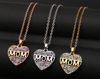 Fashion Mom Necklace - Colorful Mom Cubic Zirconia Heart Necklace - Pendant Decoration Neckalce - New Mom Necklace - Family Necklace
