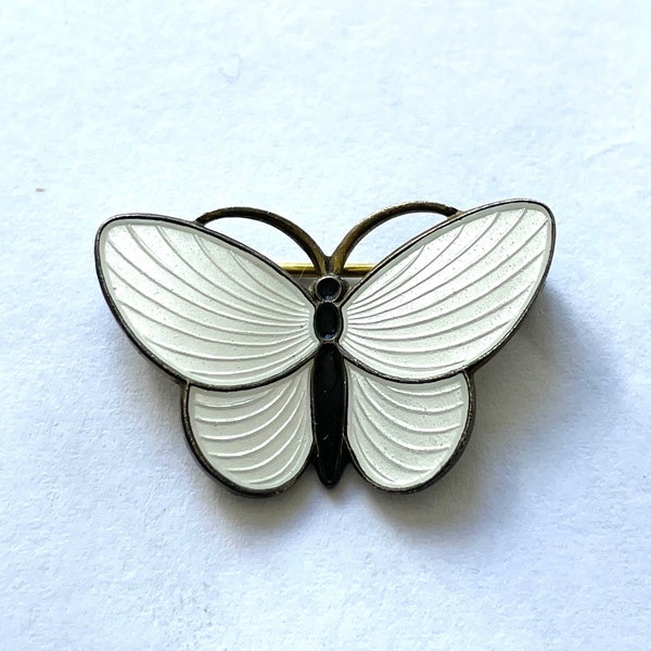 Aksel Holmsen Enamel Butterfly Brooch Norway Sterling Silver Gilt Pin  White Insect Vintage Jewelry