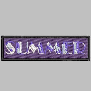 May include: Embroidered patch featuring the word "SUMMER" in white and blue thread on a purple background. The patch has a black border and is rectangular. The letters have a unique, stylized design.