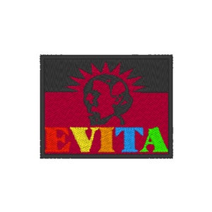 May include: Embroidered patch featuring a stylized silhouette of a person with a spiky crown, set against a red and black background. The word "EVITA" is embroidered in rainbow colors across the bottom of the patch.
