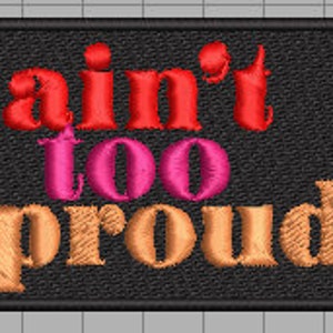 May include: Black embroidered patch with the text "ain't too proud" in red, pink, and orange.