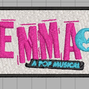 May include: A white embroidered patch with the word "EMMA" in pink lettering and a blue heart symbol. The text "A POP MUSICAL" is written in blue below the word "EMMA".