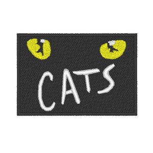 K&ouml;nnte beinhalten: Schwarzer Stoff-Patch mit dem Wort "CATS" in wei&szlig;er Stickerei und zwei gelben Katzenaugen.