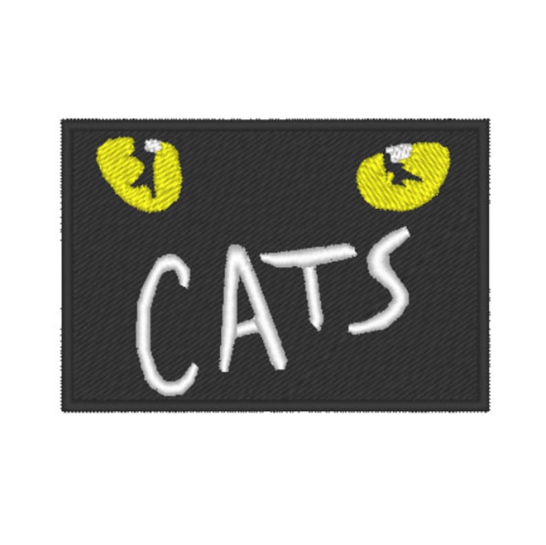 K&ouml;nnte beinhalten: Schwarzer Stoff-Patch mit dem Wort "CATS" in wei&szlig;er Stickerei und zwei gelben Katzenaugen.