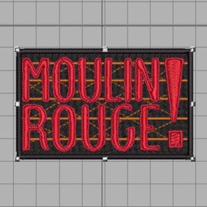 May include: A black and red embroidered patch with the text "Moulin Rouge!" in a red, outlined font. The background is a black fabric with a brown, criss-cross pattern.