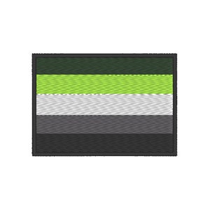 May include: A green, white, and gray striped patch with a black border. The patch is a representation of the asexual pride flag.