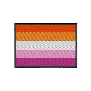 May include: A square patch with a lesbian pride flag design. The flag has five horizontal stripes: orange, light orange, white, pink, and magenta.