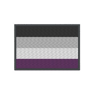 May include: A black, grey, and white striped flag with a purple stripe at the bottom. The flag is surrounded by a dark grey border.
