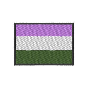 May include: A square patch with a lavender, white, and green striped design. The patch has a black border.