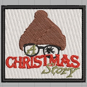 May include: A brown and white embroidered patch with a cartoon image of a character wearing a brown hat and glasses. The text "A Christmas Story" is embroidered in red and green.
