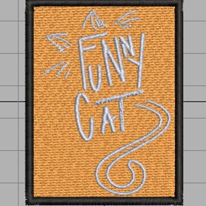 May include: A light orange embroidered patch with a black border. The patch features a white outline of a cat with the text "The Funny Cat" in a stylized font.