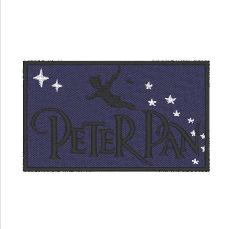 May include: Embroidered patch with a dark blue background featuring a silhouette of Peter Pan flying with a star dust trail. The text "PETER PAN" is embroidered in black below the silhouette. The patch is surrounded by a black border.