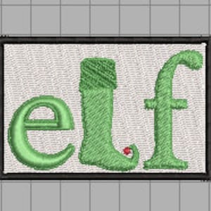 May include: Green felt embroidered patch with the word "elf" spelled out. The letter "l" is a green elf boot with a red pom-pom.