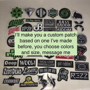 May include: A collection of embroidered fabric patches featuring various logos, text, and graphic designs in black, white, green, and red. The patches display diverse shapes including circles, rectangles, and custom silhouettes with text.