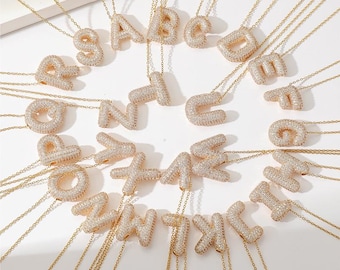 Initial Necklace Bubble Letter | Sparkle Alphabet Pendant With Chain | Copper CZ Stone - A To Z
