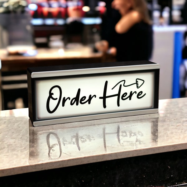 Light Up Order Here Sign - Illuminated LED Shop Front Queue Sign - Freestanding Order Here Light Box For Workplace Cafe Bar Diner Restaurant