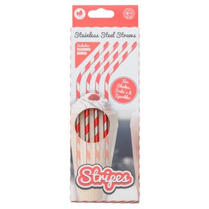 May include: A box of stainless steel straws with red and white stripes. The box includes a cleaning brush and says "Stripes" on the front. The straws are for shakes, soda, and sparkles.