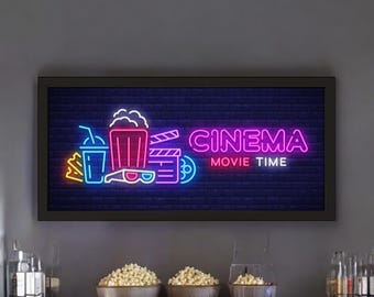Home Cinema Framed Print | Retro Movie Night Neon Sign