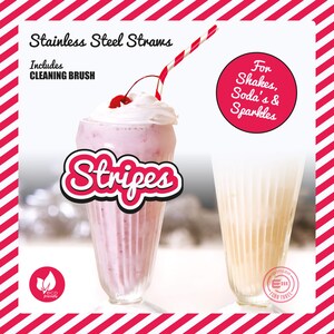 May include: Stainless steel straws with a cleaning brush, shown in a pink milkshake with a cherry on top and a straw, and a yellow milkshake. The text "Stripes" is in a red and white striped circle. The text "For Shakes, Soda's & Sparkles" is in a red circle. The text "Eco Friendly" is in a green leaf.
