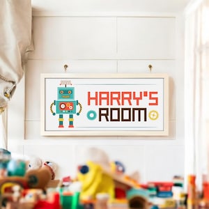 Personalised Wall Art Framed Print Kids Room Robot | Retro Robot Design Toddler Nursery Play Children&#39;s Decor | New Baby Christening Gift