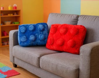 Building Brick Pillow | Red and Blue Novelty Cushion | Kids Room Decor