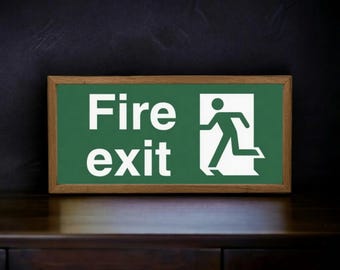 Wooden Light Up Fire Exit Sign - Table And Wall Lightbox - Illuminated Emergency Exit  Directional Indicator
