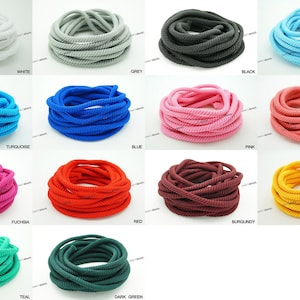 May include: A collection of colorful rope coils in various shades, including white, grey, black, baby blue, turquoise, blue, pink, light coral, fuchsia, red, burgundy, golden yellow, teal, and dark green. Each coil is labeled with its color.