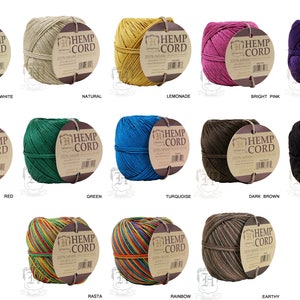 May include: Assortment of 12 spools of hemp cord in various colors, including white, natural, lemonade, bright pink, purple, red, green, turquoise, dark brown, black, rasta, and rainbow. Each spool has a label that reads "Hemp Cord 100% Natural 100% Biodegradable"