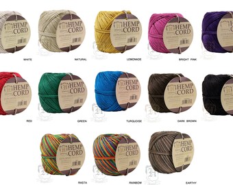 May include: Assortment of 12 spools of hemp cord in various colors, including white, natural, lemonade, bright pink, purple, red, green, turquoise, dark brown, black, rasta, and rainbow. Each spool has a label that reads "Hemp Cord 100% Natural 100% Biodegradable"