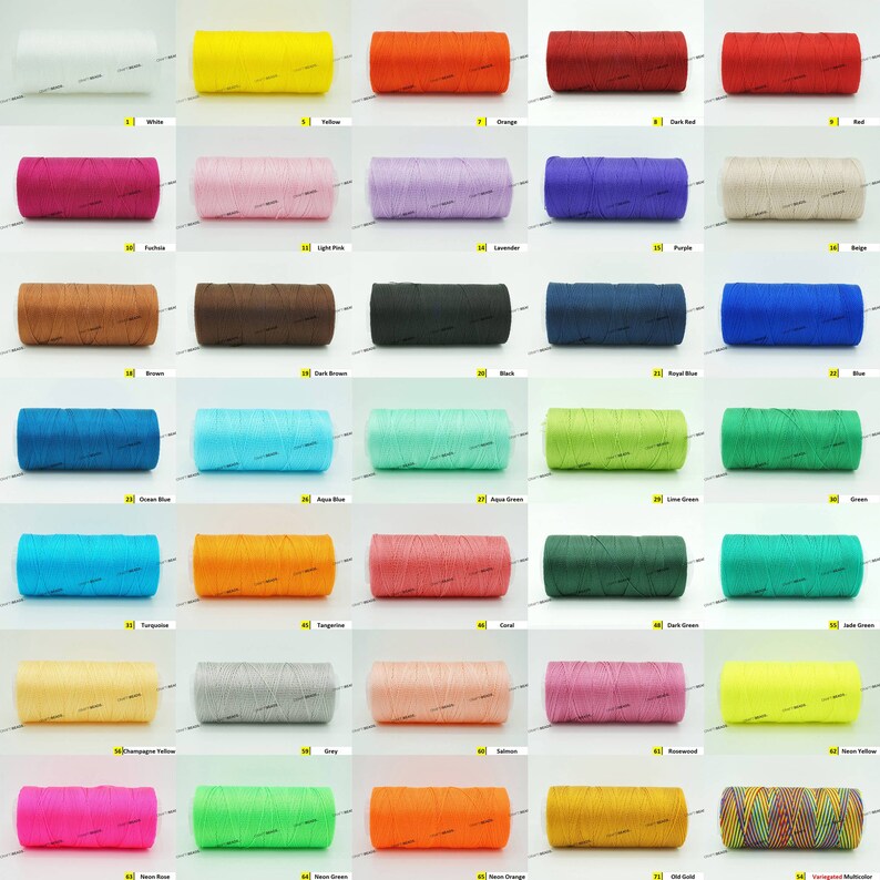 May include: A collection of 50 spools of thread in various colors, including white, yellow, orange, red, fuchsia, light pink, lavender, purple, beige, brown, dark brown, black, royal blue, blue, ocean blue, aqua blue, aqua green, lime green, green, turquoise, tangerine, coral, dark green, jade green, champagne yellow, gray, salmon, rosewood, neon yellow, neon pink, neon green, neon orange, old gold, and variegated multicolor.