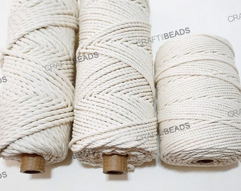 Cuerda de macramé artesanal de 3 hebras, 100 % algodón, color blanco natural, con grosor de 2 mm, 3 mm y 4 mm.