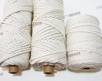 Natural White - 3 Strand 100% Cotton Twisted Cord Rope Craft Macrame Artisan String 2MM, 3MM & 4MM Thickness