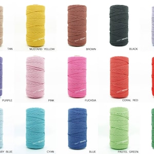 3MM - Round 3 Strand Twisted 100% Cotton Cord Rope Colored Craft Macrame Artisan Soft Holds Knots Well