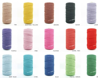 May include: A collection of spools of macrame cord in various colors, including tan, mustard yellow, brown, black, lavender, purple, pink, fuchsia, coral red, red, baby blue, cyan, blue, pastel green, and green. Each spool is labeled with its color name.