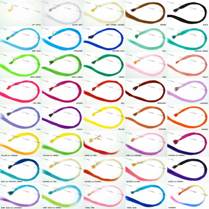 Puede incluir: Una colecci&oacute;n de 36 extensiones de cabello en varios colores, incluyendo verde ne&oacute;n, rosa intenso, fucsia, morado, amarillo, naranja, turquesa, melocot&oacute;n, lavanda y m&aacute;s. Cada extensi&oacute;n es una hebra de cabello &uacute;nica con un peque&ntilde;o borla en el extremo.