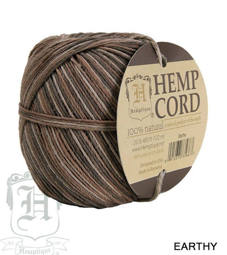 May include: A ball of brown, beige, and gray hemp cord with a label that reads "Hemp Cord 100% natural a natural product of the earth" and "Earthy".
