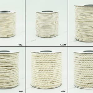Pu&ograve; includere: Sei bobine di cordoncino in cotone bianco naturale, ciascuna con uno spessore diverso. Le bobine sono etichettate con lo spessore del cordoncino in millimetri: 1 mm, 1,5 mm, 2 mm, 3 mm, 4 mm e 5 mm.
