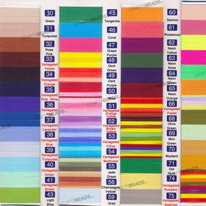 May include: A chart of 89 different colors of thread, labeled with numbers 1 through 89. The colors are arranged in rows and columns, with each color having a corresponding number and name. The chart is labeled "CRAFTIBEADS" at the top.