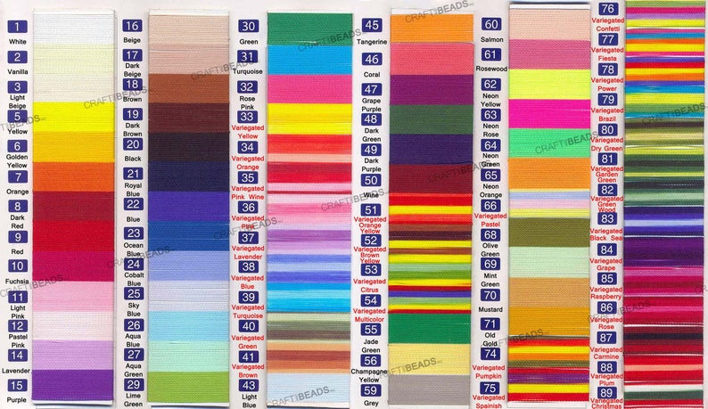 May include: A chart of 89 different colors of thread, labeled with numbers 1 through 89. The colors are arranged in rows and columns, with each color having a corresponding number and name. The chart is labeled "CRAFTIBEADS" at the top.
