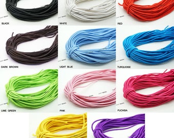 May include: Assortment of 10 colors of elastic cord, each color is wound into a coil. The colors are black, white, red, dark brown, light blue, turquoise, lime green, pink, yellow, and purple.