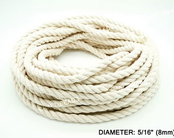 8MM - Natural White 3 Strand Cotton Twisted Cord Rope Craft Macrame Artisan 30 Feet Coil/Pkg