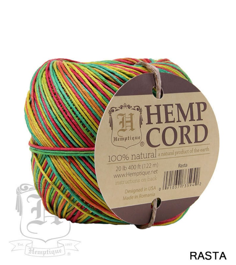 May include: A ball of multi-colored hemp cord with a label that reads "Hemptique HEMP CORD 100% natural a natural product of the earth 20 lb 400 ft (122 m) www.Hemptique.net instructions on back Rasta Designed in USA Made in Romania 0 91037 73594 2"