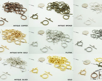 15MM Round Small Toggle Clasps Set - Silver Gold Gunmetal Antique Copper Bronze